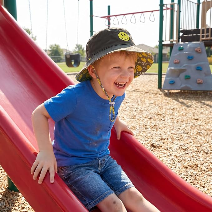 Toddler Hat Reversible Bucket Hat Happy Face Sun Hat Adjustable Chin Strap - Image 7