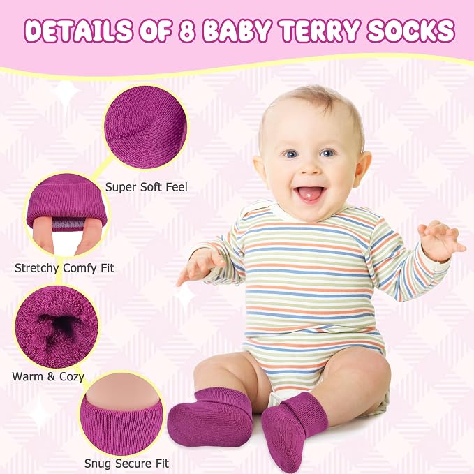 8 Pairs Newborn Socks Thick Cotton Terry Turn Cuff Baby Socks 0-6 Months Cute - Image 3