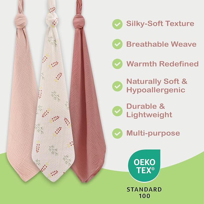 100% Organic Cotton 3 PK Baby Muslin Blanket Girl Gift 38x40 Inch | Oeko-TEX - Image 2