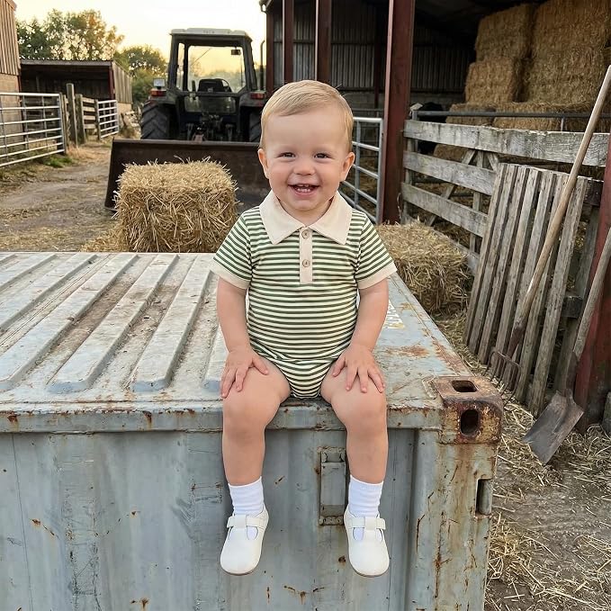 VISGOGO Baby Boy Striped Romper Waffle Short Sleeve Button Oversized Bodysuit - Image 2
