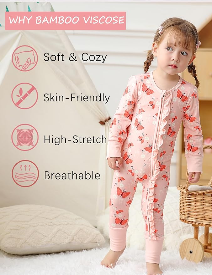 JunNeng Baby Girl Viscose from Bamboo Sleeper with Mitten Cuffs, 2 Way Zipper Romper, Sleep N' Play Pajamas 0-18 Months
