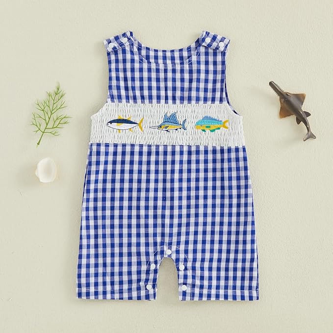 Newborn Baby Boys Sleeveless Seersucker Romper One Piece Straps Overalls - Image 2