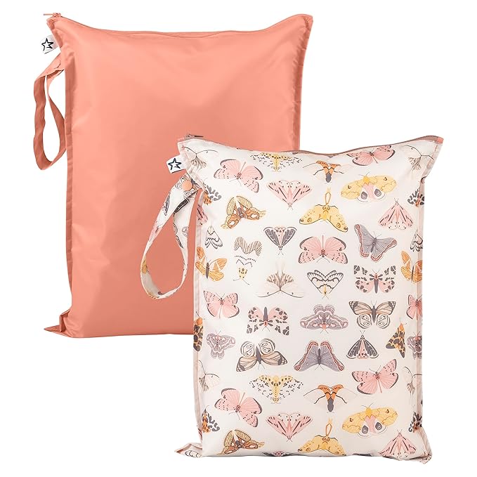 Tiny Twinkle Wet Dry Bag – 2 Pack Reusable Waterproof & Mess Proof Wet Bags for Swimsuits & Travel, Baby Towels & Beach Essentials,a Diaper Bag Must-Have(Flutter)