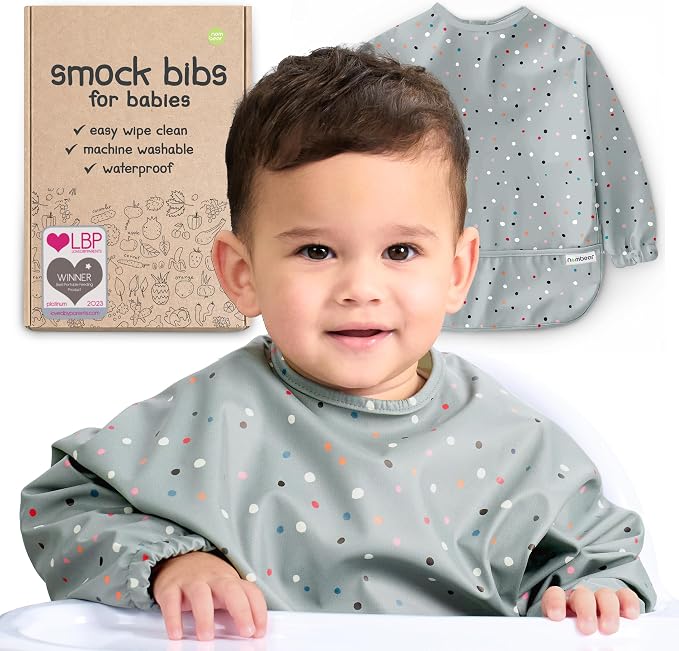 Waterproof Smock Baby Bibs for Eating | Long Sleeve Bib for Baby Led Weaning by Nombear