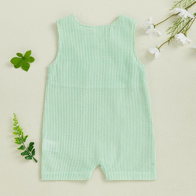 Newborn Baby Boys Sleeveless Seersucker Romper One Piece Straps Overalls - Image 3