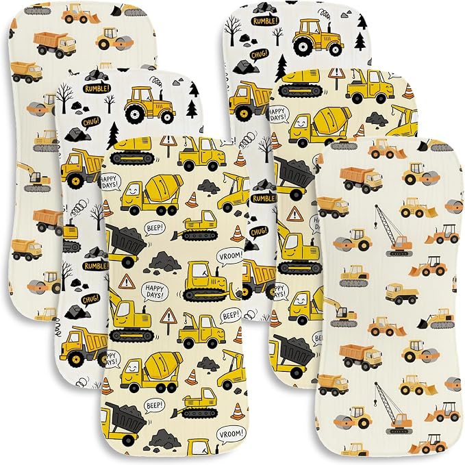 6 Pack Baby Burp Cloths for Boys, Construction Vehicle Theme Large Cotton by Spriggenix