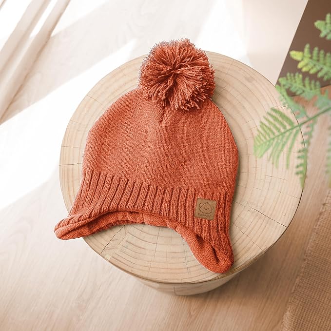 Baby Beanies, Baby Hats for Boys, Girls - Cute Toddler Winter Hat, Soft & Stretchy Beanies for Infant, Newborn 6-36 Months, Cozy & Warm with Earflap Muff & Pom (Latte)
