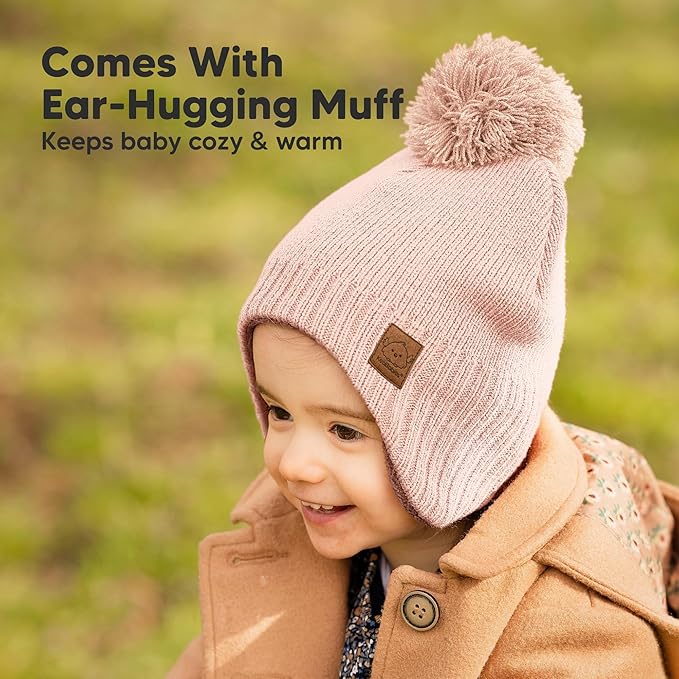 Baby Beanies, Baby Hats for Boys, Girls - Cute Toddler Winter Hat, Soft & Stretchy Beanies for Infant, Newborn 0-6 Months, Cozy & Warm with Earflap Muff & Pom (Blush, S)