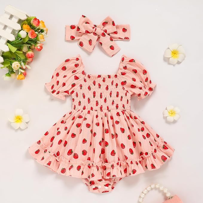 GRNSHTS Baby Girl Romper Dress, Puff Sleeve Smocked Outfit - Image 2