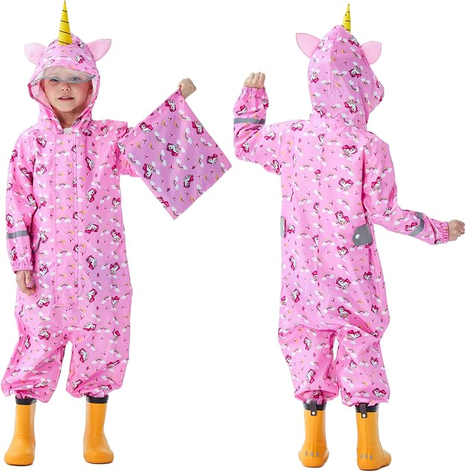 Fewlby Kids Toddler Rain Suit for Boys Girls One Piece Hoodie Zipper Cartoon by FEWLBY