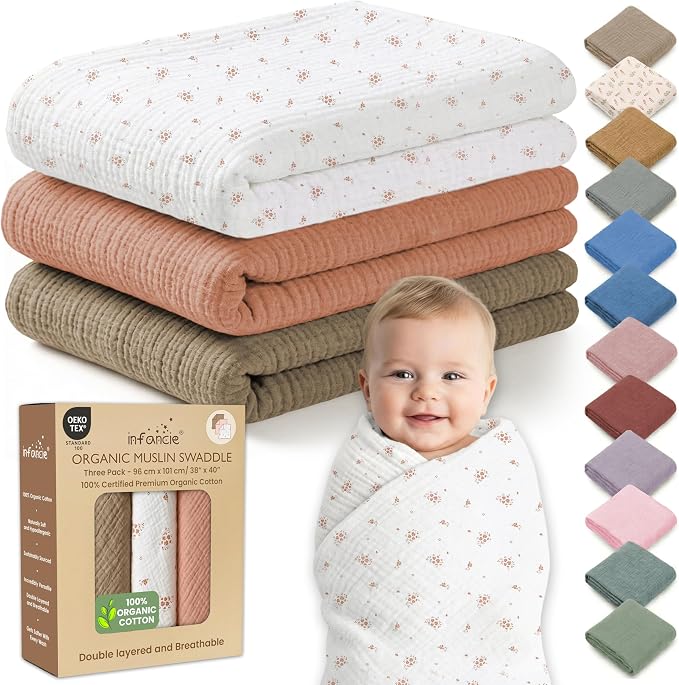 100% Organic Cotton 3 PK Baby Swaddle Blanket Girl Gift 38x40 in | Oeko-TEX by Infancie