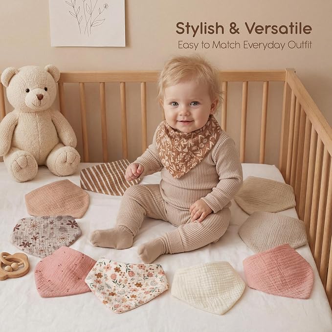Tunnkit Muslin Baby Bibs, 10 Pack Bandana Bibs, Triangular Bibs | Extra - Image 9