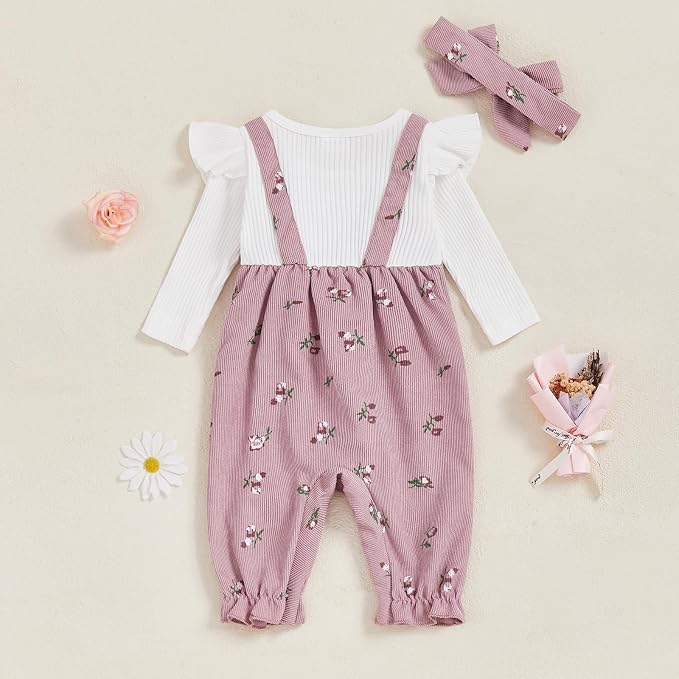 Newborn Baby Girl Clothes Ruffle Sleeve Jumpsuit Corduroy Floral - Image 7