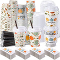 Lallisa 100 Sets Fall Thanksgiving Coffee Cup Bulk with Lid Disposable 12 oz Fall Hot Cups Paper and Sleeves Straws, Autumn Drinking Supplies for Holiday Party(Pumpkin Style)