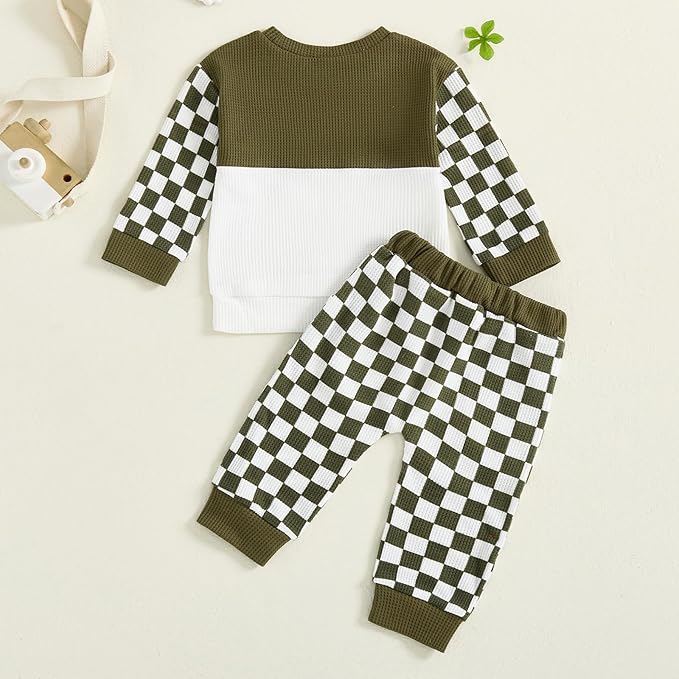 Toddler Baby Boy Fall Clothes Waffle Outfit Long Sleeve Color Blocking Sweatshirt Pullover Jogger Pant Set