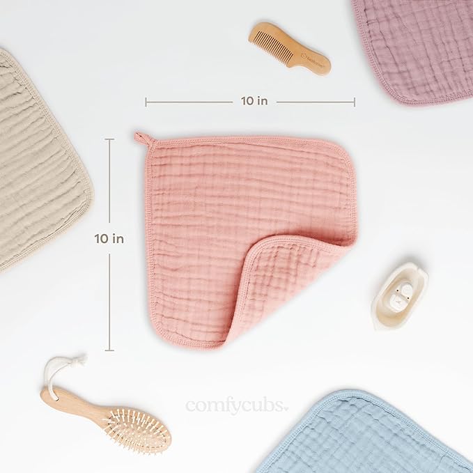 Comfy Cubs Muslin Baby Washcloths 10 Pack - Soft 6-Layer Cotton Wash Cloths for Sensitive Skin - 10"x10" Large, Gentle, Absorbent Infant Essentials for Newborn and Toddlers - Lace