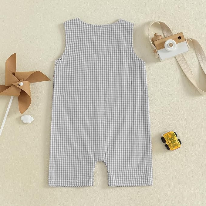 Newborn Baby Boys Sleeveless Seersucker Romper One Piece Straps Overalls - Image 3