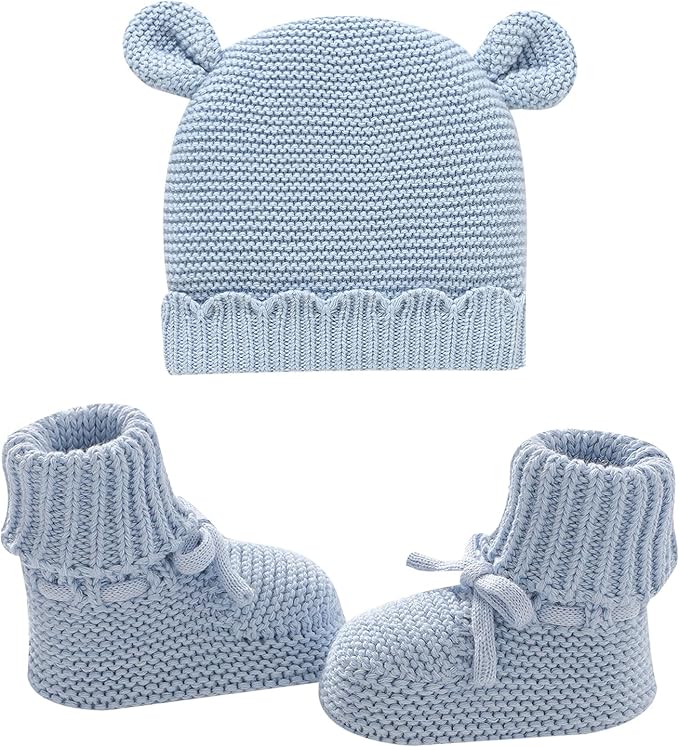 Hadetoto 100% Organic Cotton Baby Beanie and Booties Set | Newborn, Knit Sock by Hadetoto
