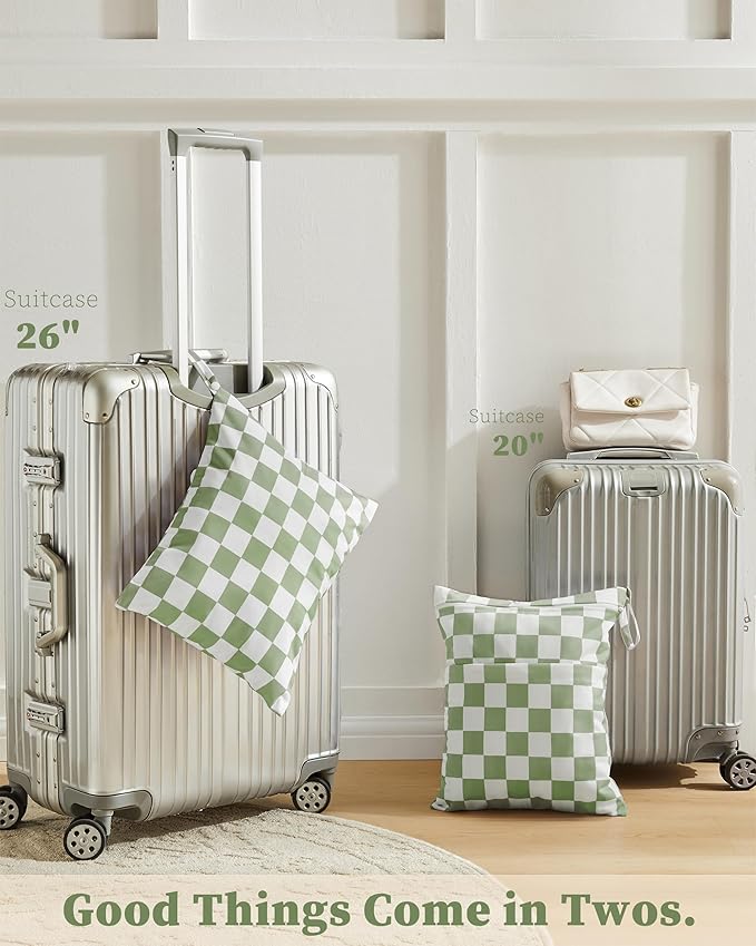 Sage Green Checkered Waterproof Wet Dy Diaper Bag for Baby Essentials, Travel, Swimsuit, Beach Bag Accessories, Aesthetic Trendy Cute Toddler Baby Cloth Bag Pouch, Pack of 2