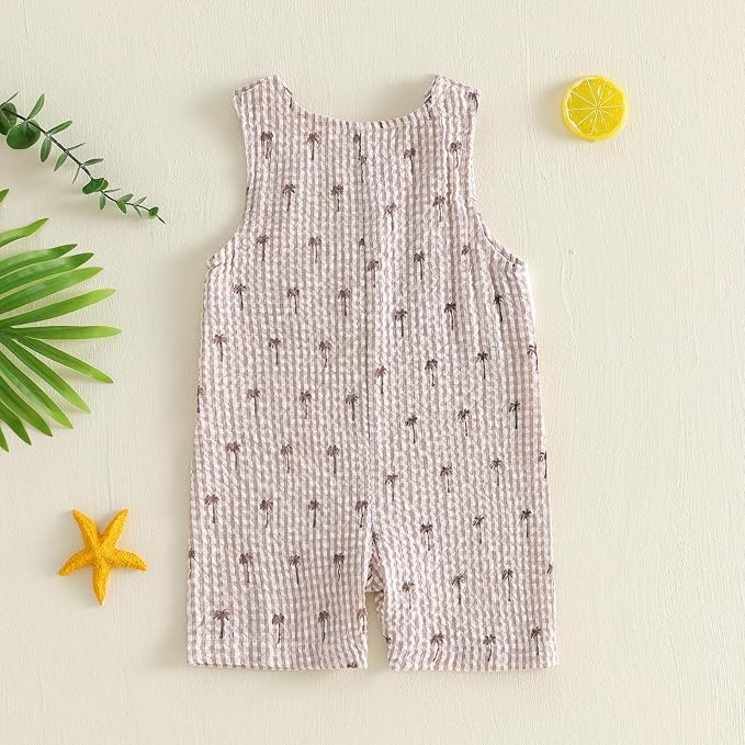Newborn Baby Boys Sleeveless Seersucker Romper One Piece Straps Overalls - Image 3
