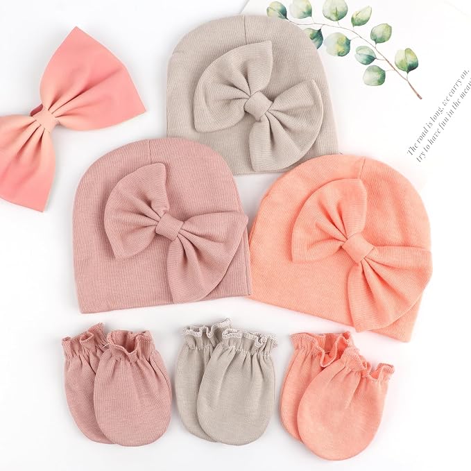 BQUBO Newborn Baby Girls Hats Mittens Set Hospital Hat Beanie Infant Bow Hats - Image 7