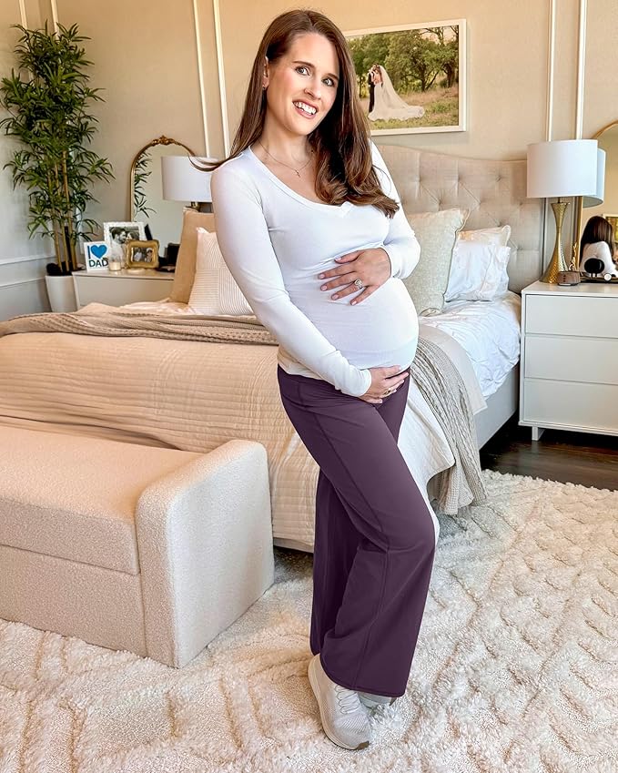 G4Free BareFeel Maternity Dress Yoga Pants Over The Belly Stretchy Work Slack Pregnancy Wide Leg Lounge Trousers