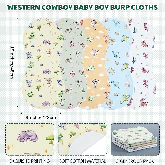 SmoothNovelty 5 Pack Watercolor Dragon Pattern Baby Burp Cloths Soft Absorbent - Image 2