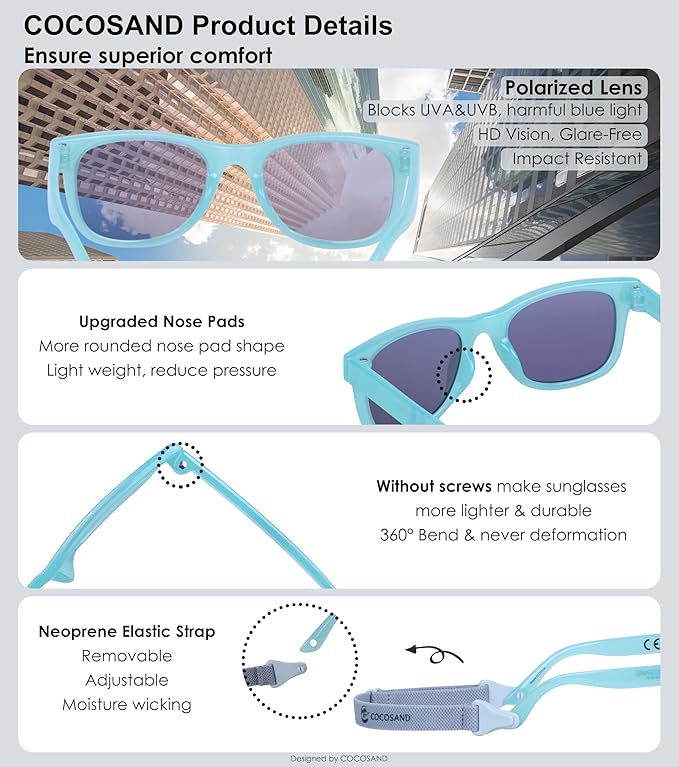 COCOSAND Flexible Baby Sunglasses with Strap Polarized UV Protection for Toddler Infant Newborn Boy Girl Age 0-24 Months