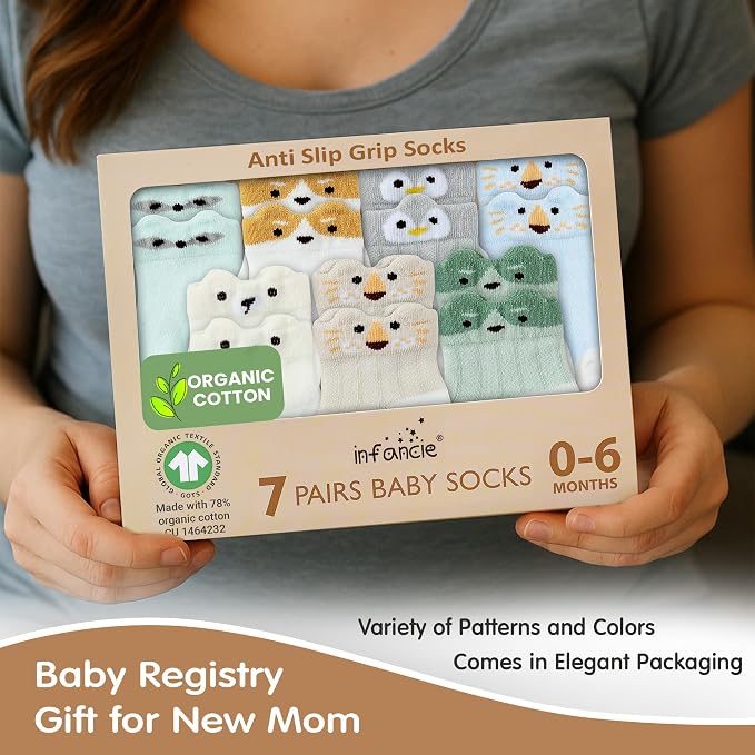 GOTS Organic Cotton Blend 7 Baby Socks 0-6 Months Animal Design Non Slip - Image 2