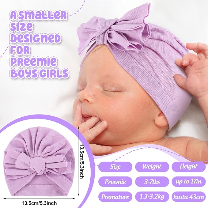 10 Pcs Preemie Hats Cotton Preemie Caps Bows Turban Premature Baby Boys Girls - Image 2