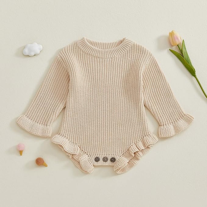 Mubineo Baby Girl Fall Winter Clothes Basic Plain Cute Sweater Romper Outfit - Image 3