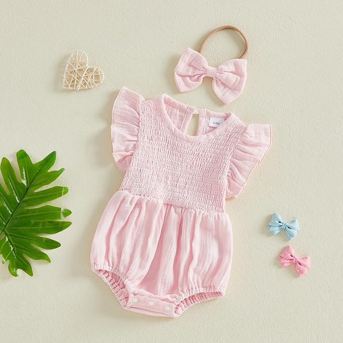 Kavousa Newborn Baby Girl Clothes Summer Bubble Romper Headband Outfit - Image 4