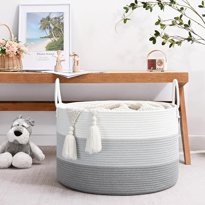 67L Storage Basket for Organizing, 20"×13" Large Laundry Baskets, Cotton Rope Woven Blanket Basket, Toy Storage for Kids, Collapsible Blankets Storage for Living Room, Nursery Room
