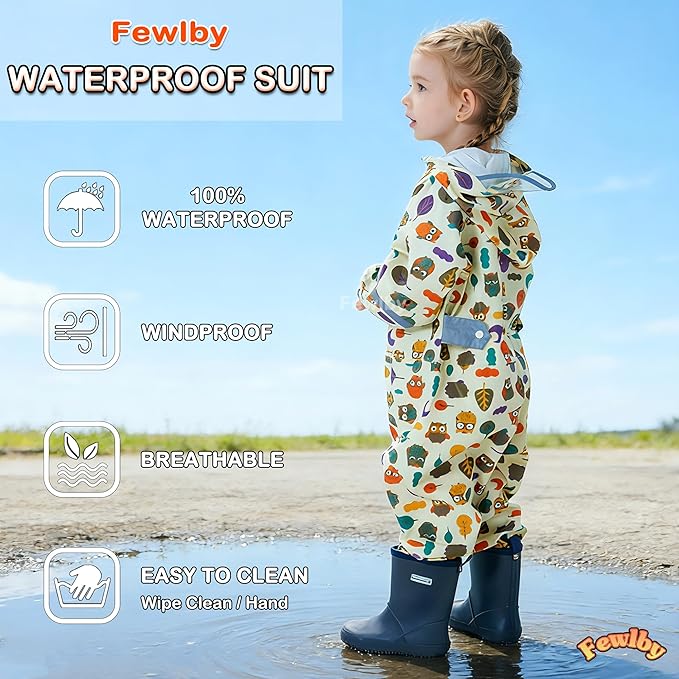 Fewlby Kids Toddler Rain Suit for Boys Girls One Piece Hoodie Zipper Cartoon - Image 4