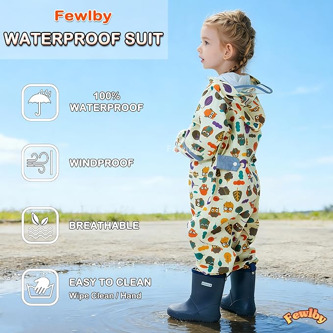 Fewlby Kids Toddler Rain Suit for Boys Girls One Piece Hoodie Zipper Cartoon - Image 4