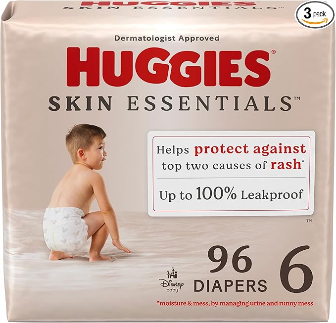 Huggies Size 6 Diapers, Skin Essentials Baby Diapers, Size 6 (35+ lbs), 96 Count (3 Packs of 32)