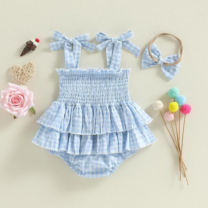Newborn Baby Girl Summer Clothes Plaid Ruffle Bodysuits Onesie Infant Girl - Image 7
