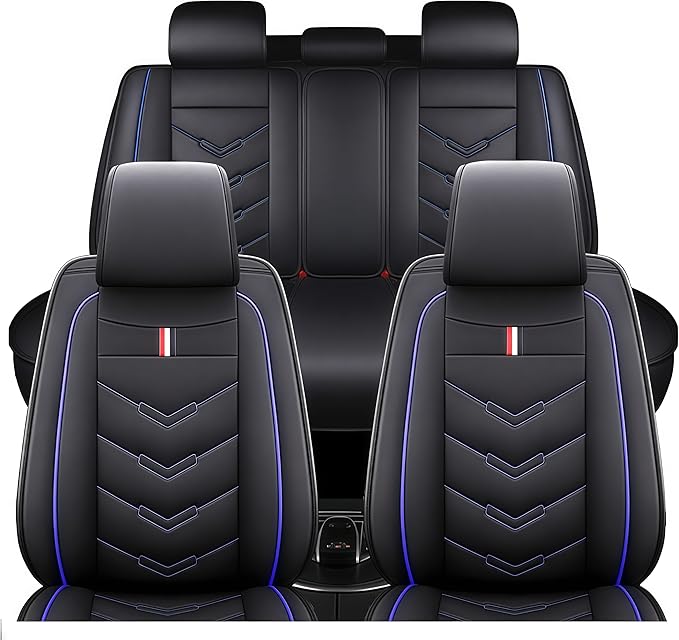 Leather Car Seat Covers Fit for LR LR4 2009-2016, 5 Seater Waterproof and Wear-Resistant Seat Cover Interior Accessories(Full Set,Black&Blue)