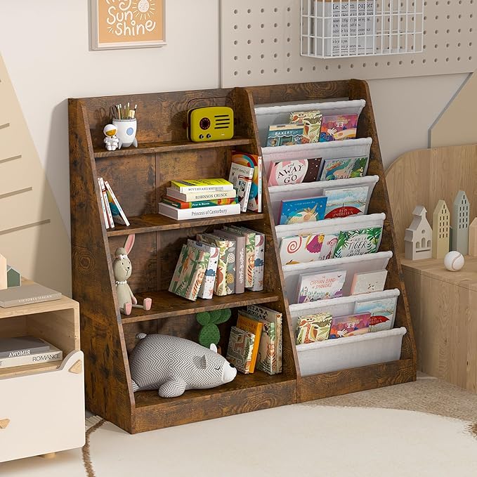 Kids Bookshelf for Bedroom Toddler Child Baby Bookcase 4-Tier for Nursery Book Toy Storage Organizer 6 Sling Adjustable Display Shelf Stand Book Rack Wood Classroom Playroom Rustic Brown