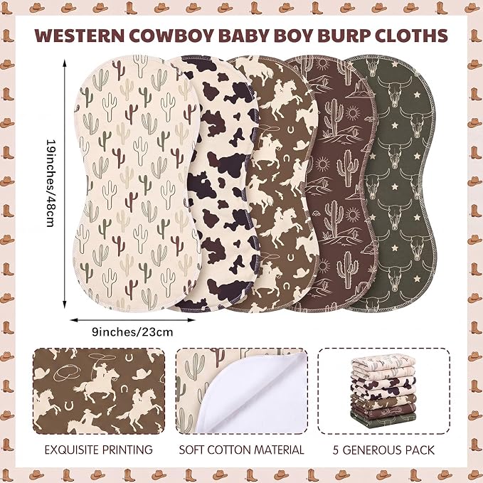 SmoothNovelty 5 Pack Green Western Baby Burp Cloths Soft Absorbent Burping Rags - Image 2