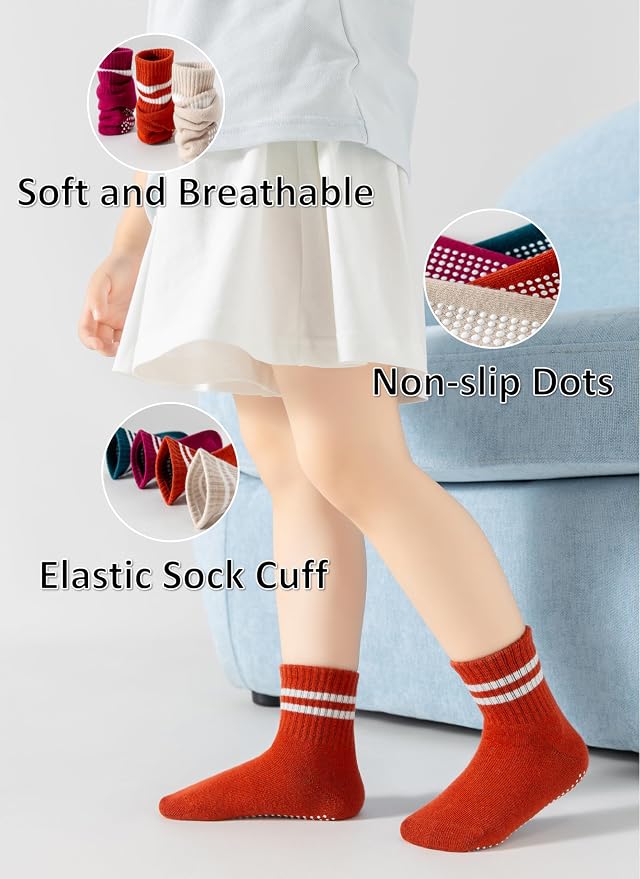 Toddler Grip Socks with Non-Slip Unisex Baby Stripe Crew Cotton Socks | Retro - Image 6