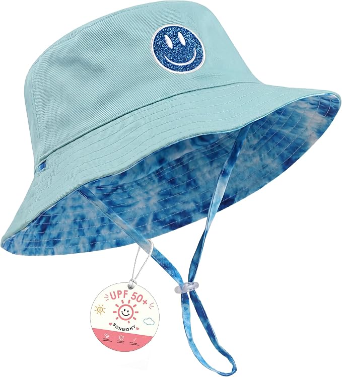 Toddler Hat Reversible Bucket Hat Happy Face Sun Hat Adjustable Chin Strap by SONMONY