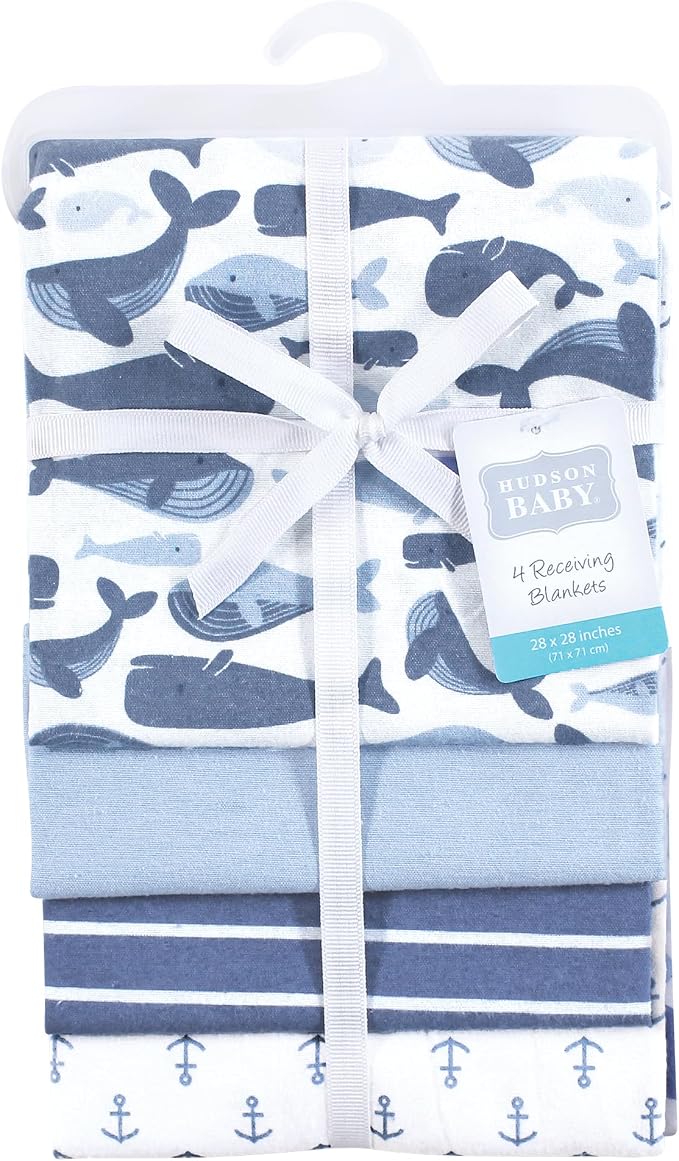 Hudson Baby Unisex Baby Cotton Flannel Receiving Blankets 4-Pack, Cute Whales - Image 2