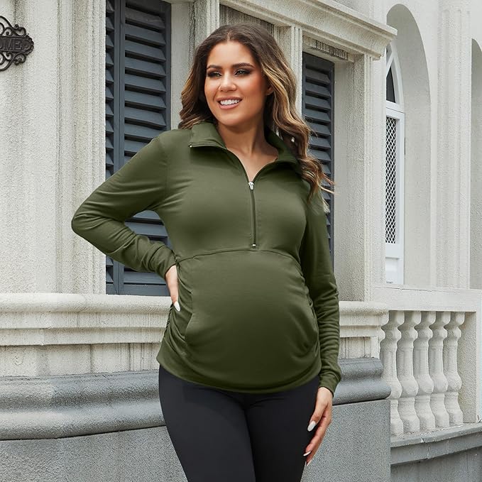 GINKANA Maternity Women's Long Sleeve Shirt Half Zipper Lapel Lightweight Casual Maternity Pullover with Pockets