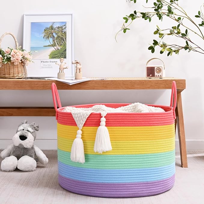 67L Rainbow Storage Basket for Organizing, 20"×13" Large Laundry Baskets, Cotton Rope Woven Blanket Basket, Toy Storage for Kids, Collapsible Blankets Storage for Living Room, Nursery Room