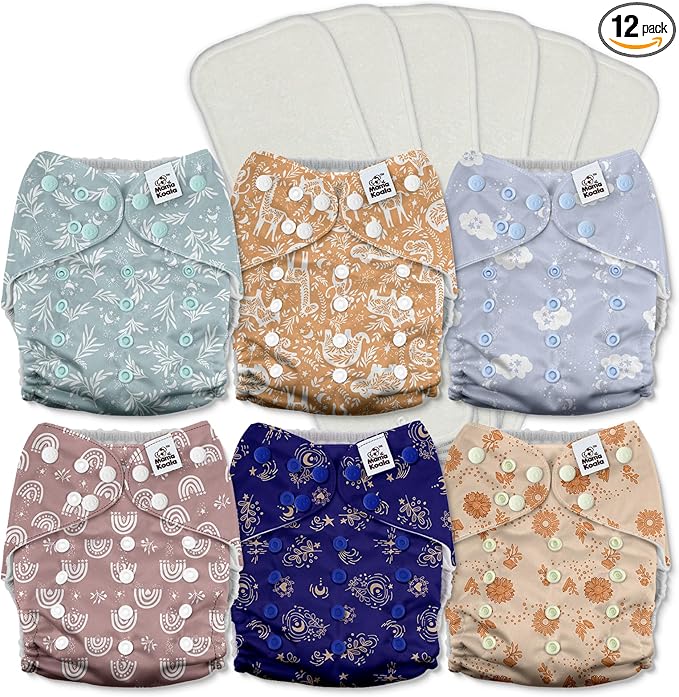 Mama Koala 3.0 Pocket Cloth Diapers for Babies with AWJ Lining, 6 Pack with 6 5-Layer Natural Cloth Diaper Inserts - Reusable and Washable Pocket Diapers(A-Cabin Vibes)