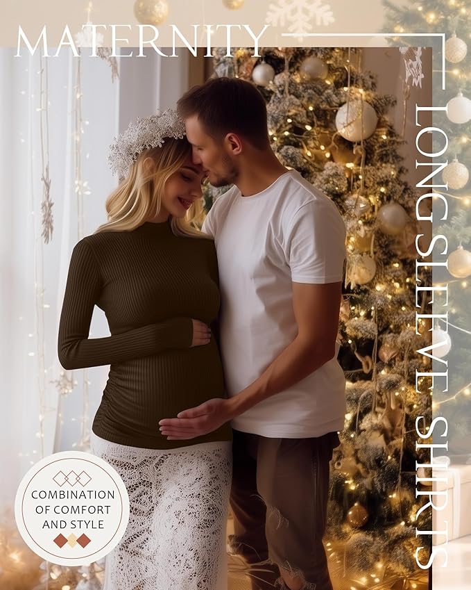 4 Packs Womens Maternity Shirts Long Sleeve Cotton Ribbed Pregnancy Mock Neck Side Ruched Workout Tops for Mama