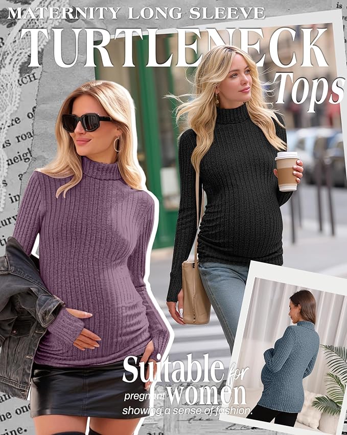 3 Pack Maternity T-Shirts Pregnancy Tops Women Sweater Long Sleeve Turtleneck Ribbed Finger Sleeve Outfits