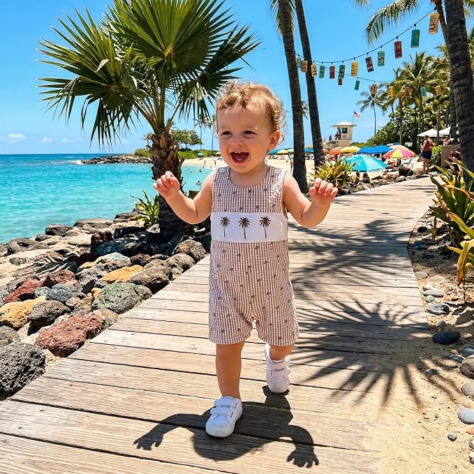 Newborn Baby Boys Sleeveless Seersucker Romper One Piece Straps Overalls - Image 7