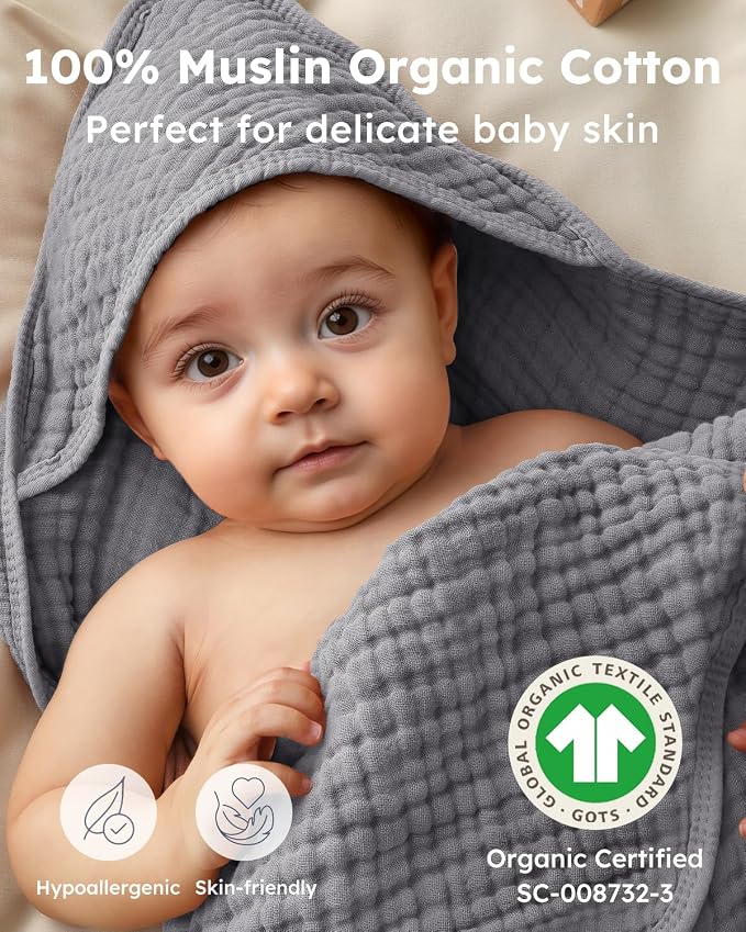 Yoofoss Hooded Baby Bath Towels 2 Pack 100% Muslin Organic Cotton - Image 2